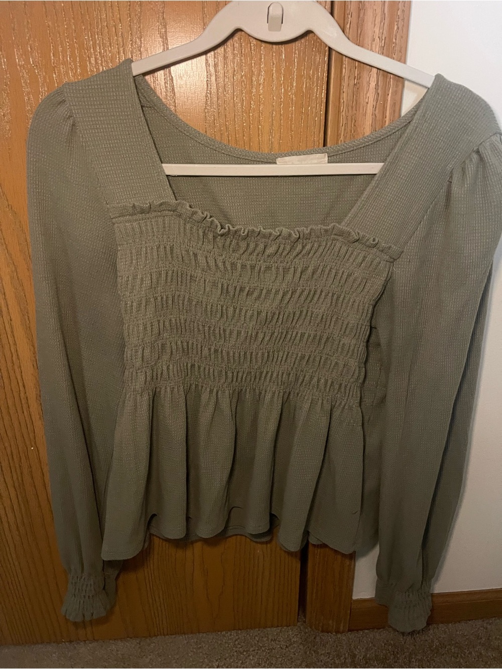 Altar'd State Sage Green Smocked Peplum Long Sleeve Top